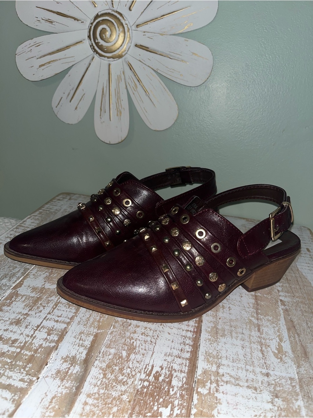 Vintage Havana Est 1946 Pointed Toe Studded Slingback Mules in Burgundy